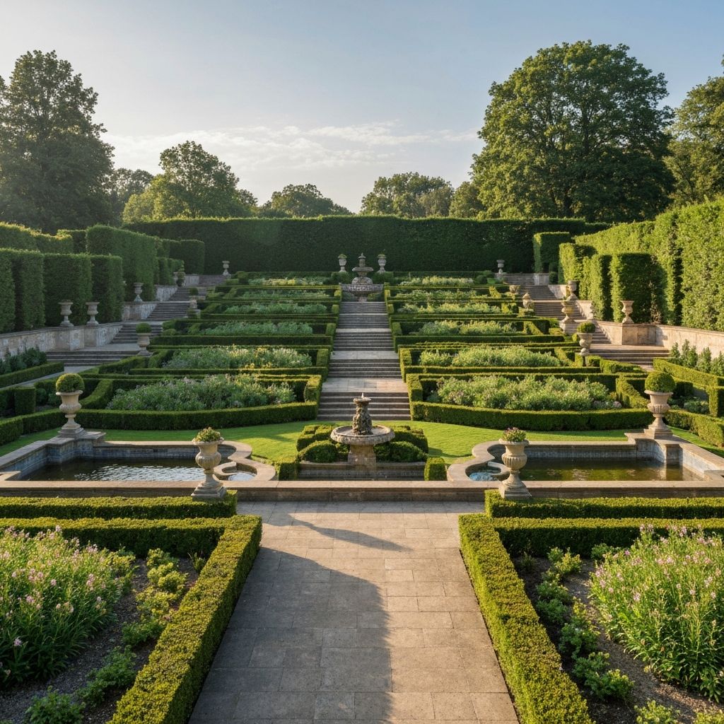 Elegant formal garden with tiered fountain, sculptural elements, and manicured hedges